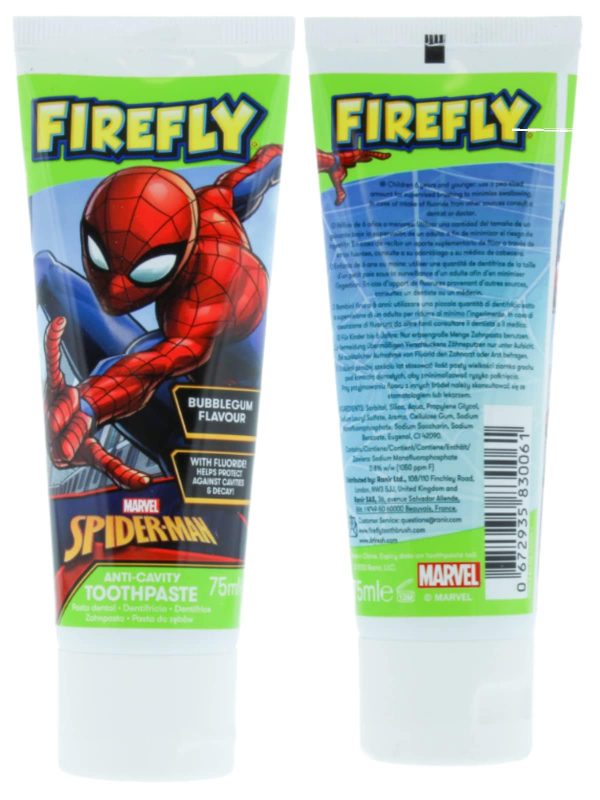 MARVEL SPIDER-MAN FIREFLY ANTI-CAVITY TOOTHPASTE СПАЙДЪРМЕН ДЕТСКА ПАСТА ЗА ЗЪБИ С ФЛУОРИД ПРОТИВ КАРИЕСИ С ВКУС НА ДЪВКА 75 МЛ. АНГЛИЙСКО КАЧЕСТВО