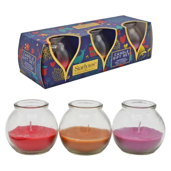 STARLYTES CANDLE GIFT SET GINGERBREAD APPLE CINNAMON MULLED WINE КОМПЛЕКТ АРОМАТИЗИРАНИ СВЕЩИ С АРОМАТ НА ХЛЯБ С ДЖИНДЖИФИЛ, ЯБЪЛКИ С КАНЕЛА И ГРЕЯНО ВИНО 3 БР Х 45 ГР АНГЛИЙСКО КАЧЕСТВО